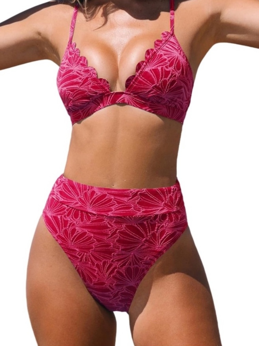 Cupshe Textured Floral V Neck Scalloped High Waist Bikini Set Size M
